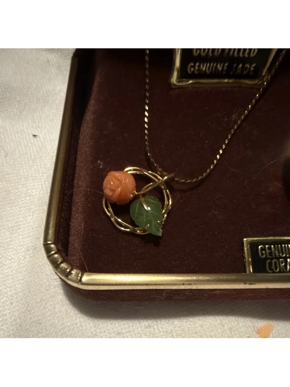 Gold-Tone Green and Orange Pendant Necklace and Brooch Set